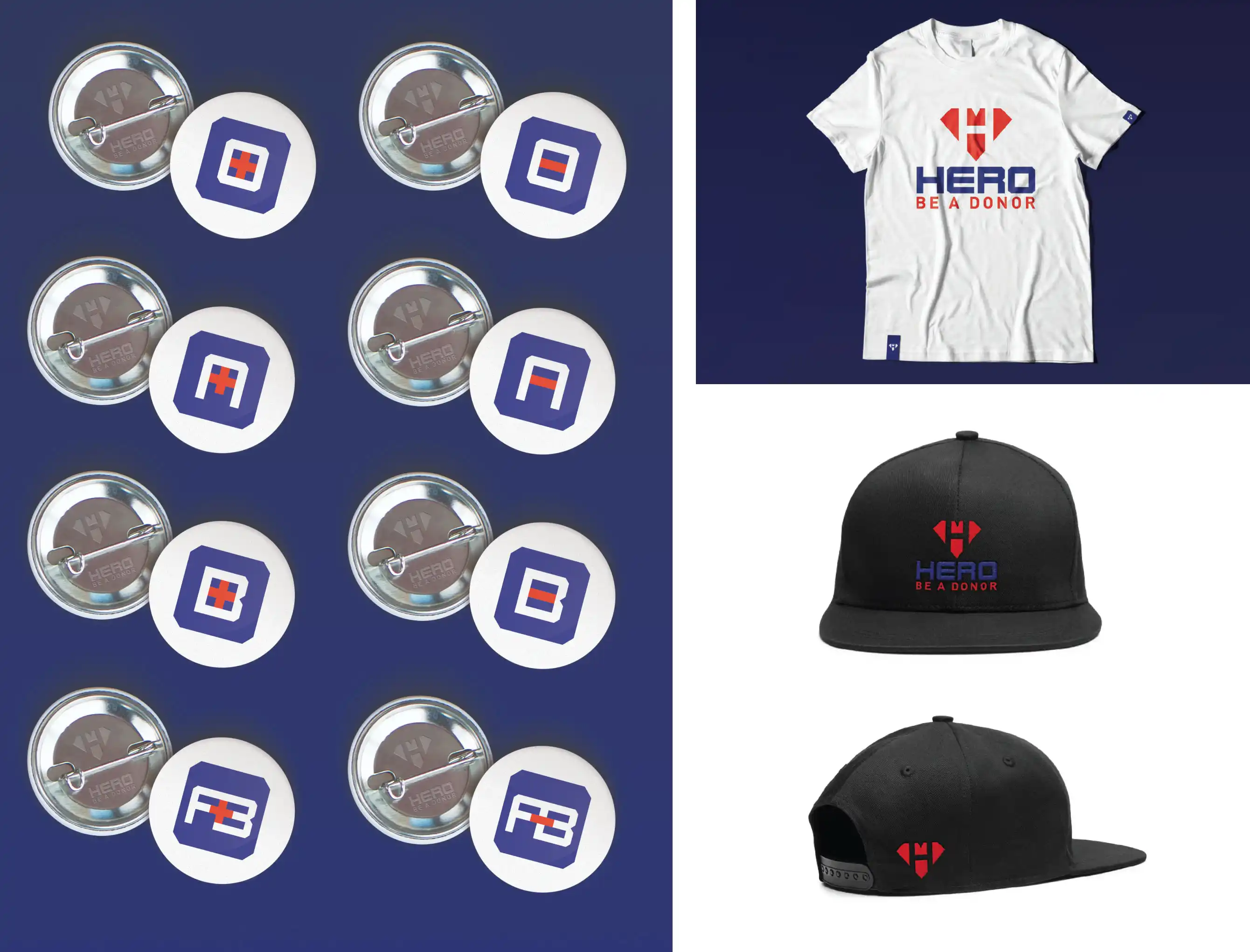 Hero Be A Donor Blood Type pin, T-shirt and hat mockups