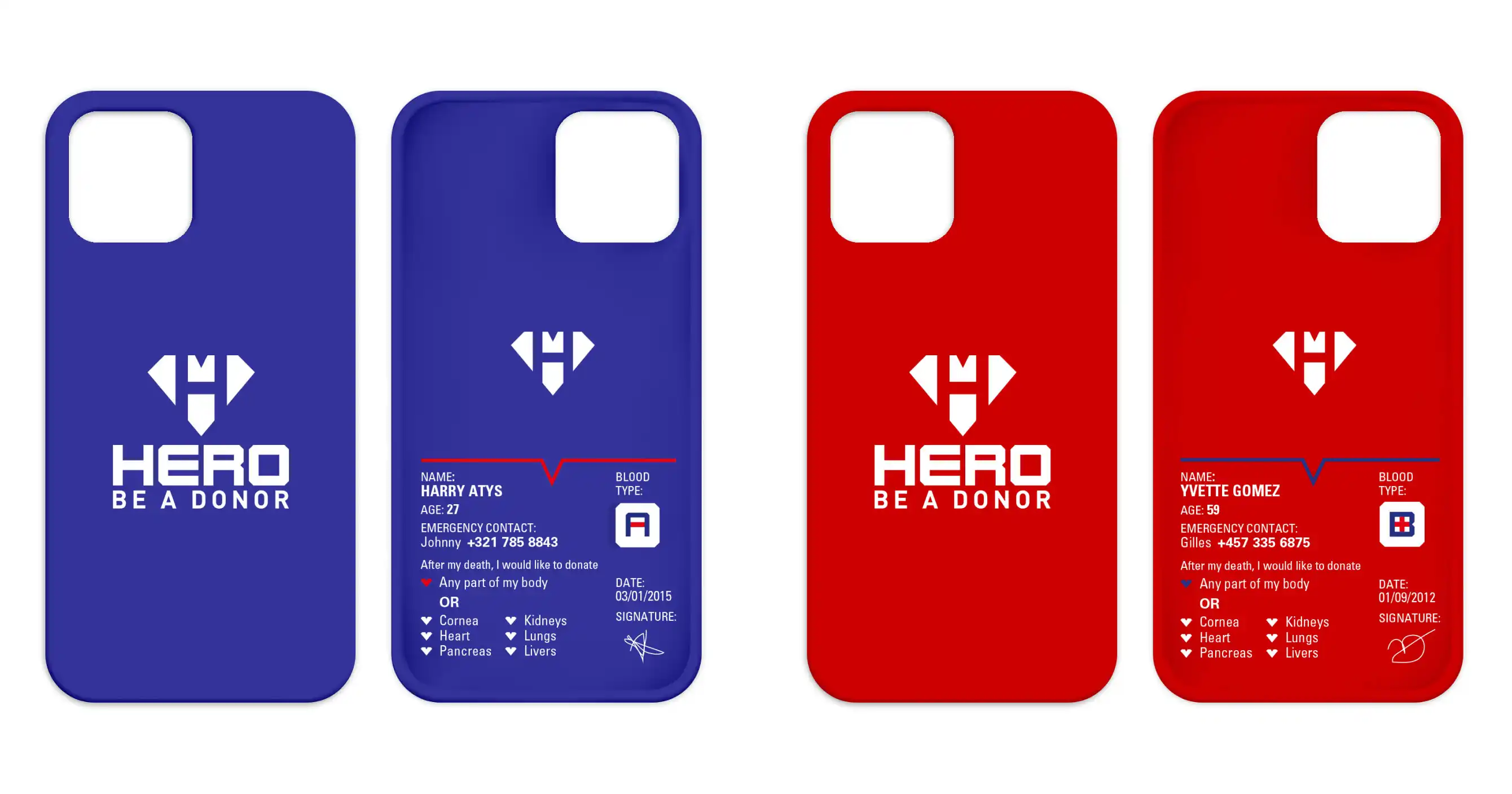 Hero Be A Donor blue and red Phone Case mockup with personal information